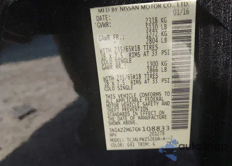 2016 Nissan Murano S z USA, uszkodzony, nr VIN 5N1AZ2MG7GN108833